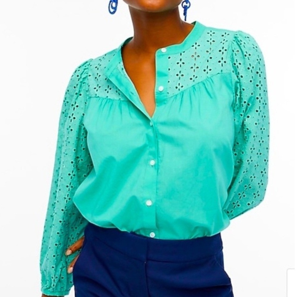 J.Crew Venetian Green Eyelet Mixed Media Button Up Blouse Top Large